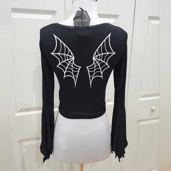 Dolls Kill The Grave Girls Punk Goth Bat Wings Black V Neck Fang Club Crop Top S - Picture 8 of 12